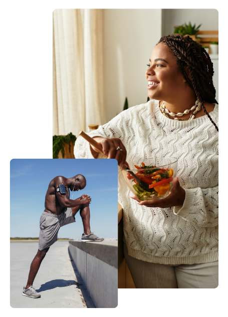 UTF Assets (2) Black woman making a salad with bright vegetables and a black man stretching