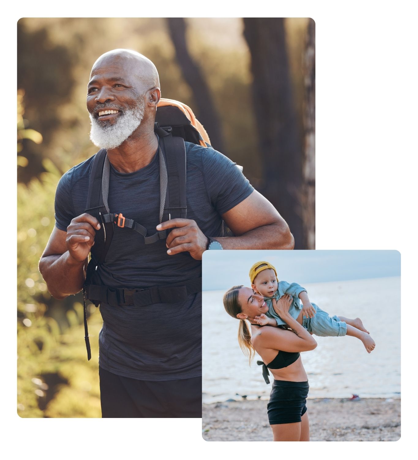 UTF Assets (6) Middle aged strong black man smiling and hiking. Happy fit woman at the beach lifting a toddler.